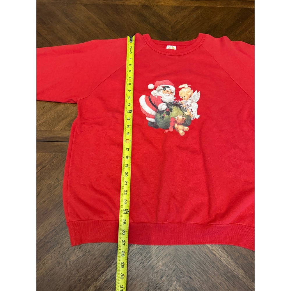 Vintage 90s Christmas Santa Angel Sweatshirt Red Raglan Crewneck XL 24k More - Picture 4 of 5